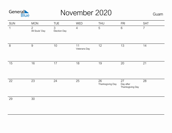 Printable November 2020 Calendar for Guam