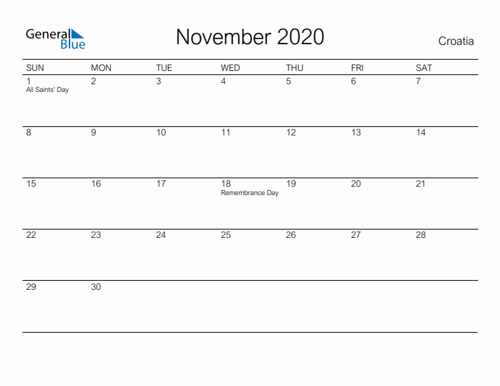 Printable November 2020 Calendar for Croatia