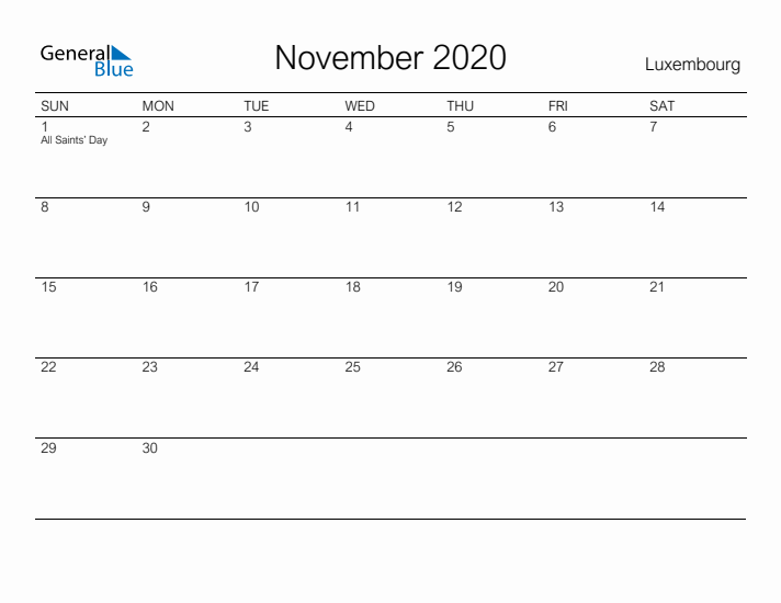 Printable November 2020 Calendar for Luxembourg