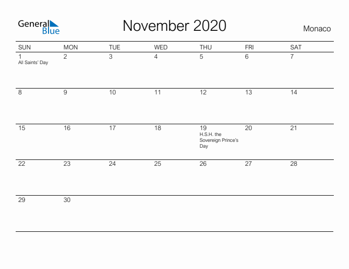 Printable November 2020 Calendar for Monaco