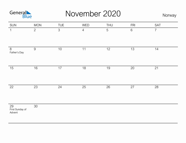 Printable November 2020 Calendar for Norway