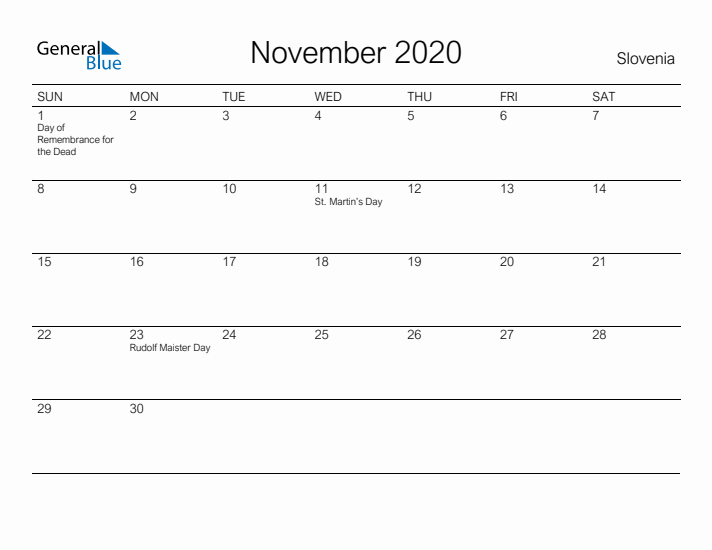 Printable November 2020 Calendar for Slovenia