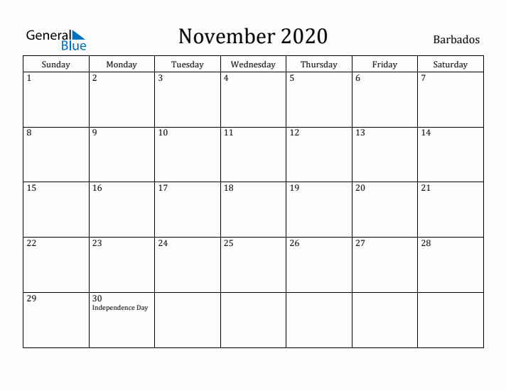 November 2020 Calendar Barbados