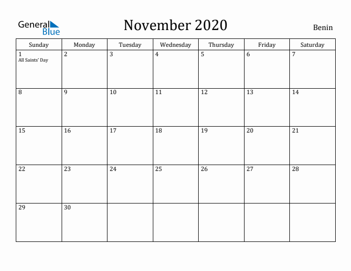 November 2020 Calendar Benin