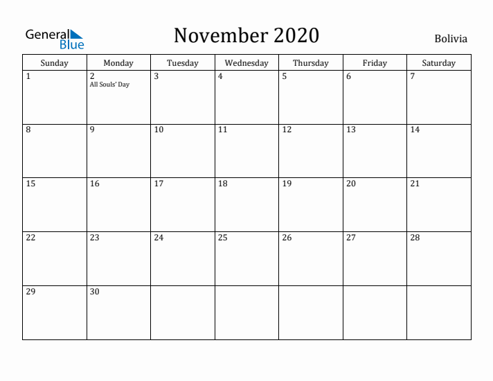 November 2020 Calendar Bolivia