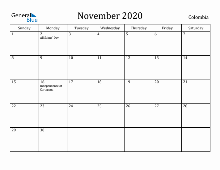 November 2020 Calendar Colombia