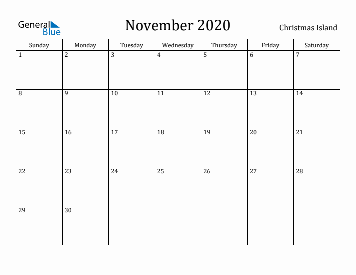 November 2020 Calendar Christmas Island