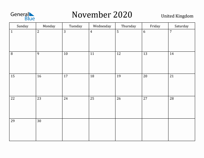 November 2020 Calendar United Kingdom