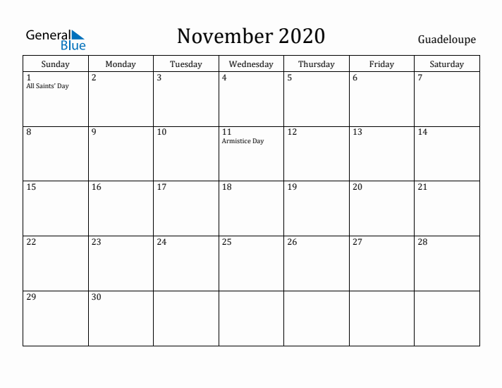 November 2020 Calendar Guadeloupe