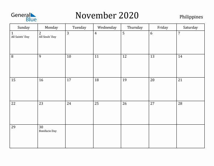 November 2020 Calendar Philippines