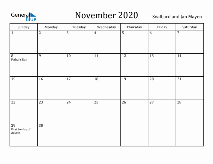 November 2020 Calendar Svalbard and Jan Mayen