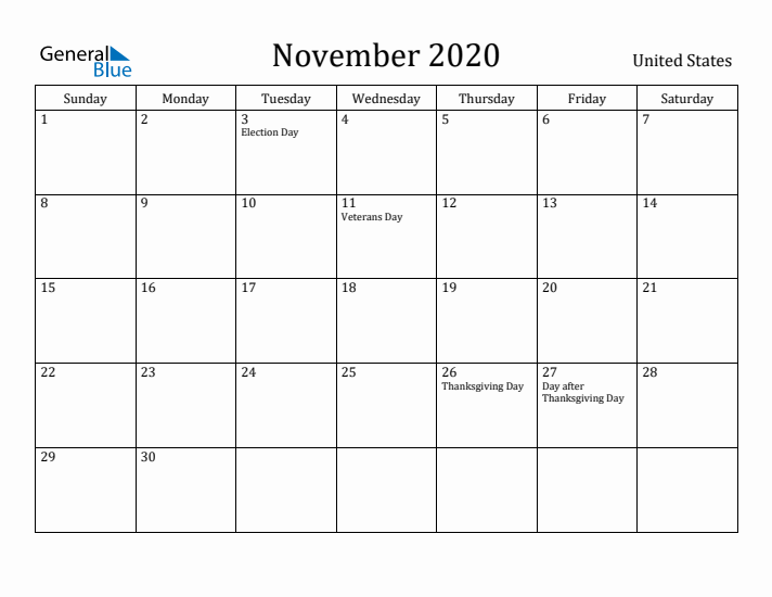 November 2020 Calendar United States