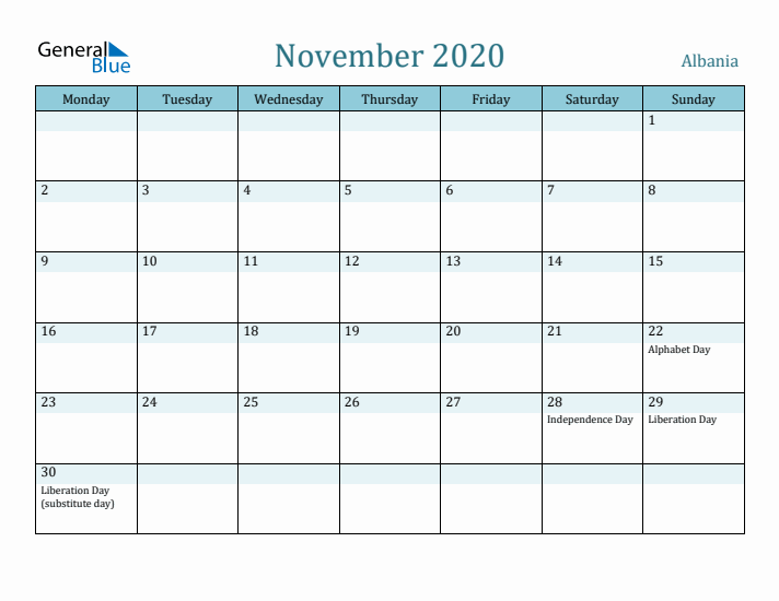 November 2020 Calendar with Holidays