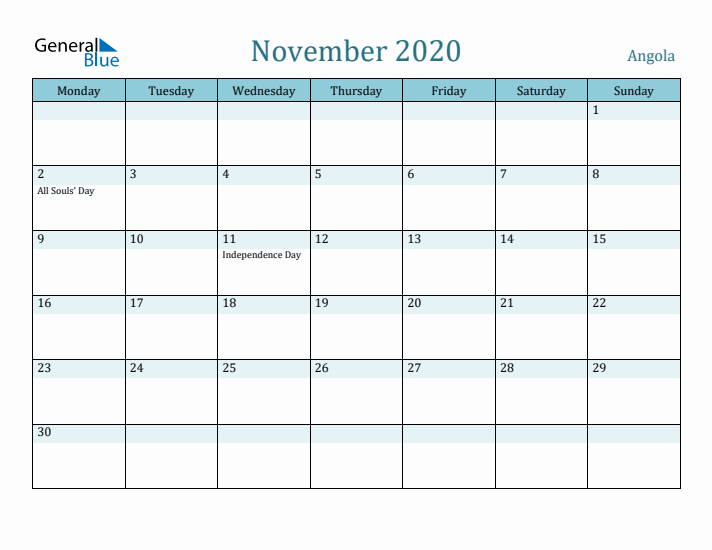 November 2020 Calendar with Holidays