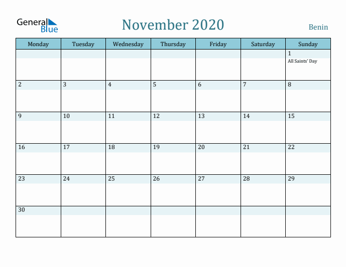 November 2020 Calendar with Holidays