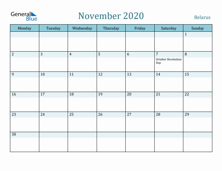 November 2020 Calendar with Holidays