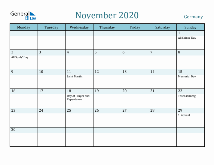 November 2020 Calendar with Holidays