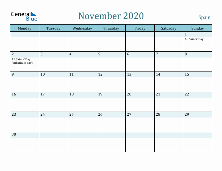 November 2020 Calendar with Holidays