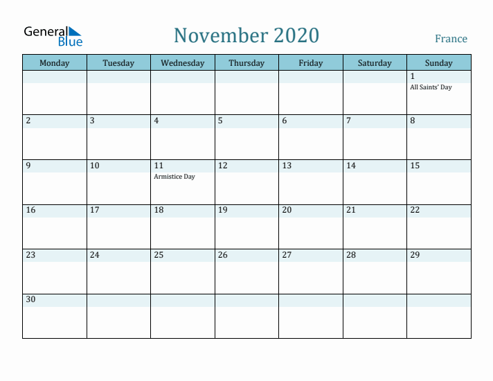 November 2020 Calendar with Holidays