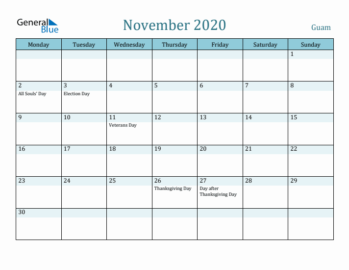 November 2020 Calendar with Holidays