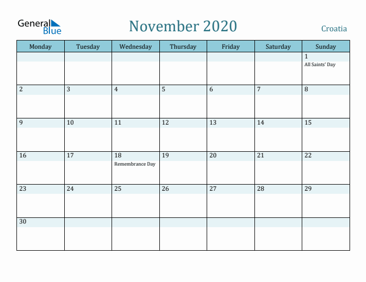 November 2020 Calendar with Holidays