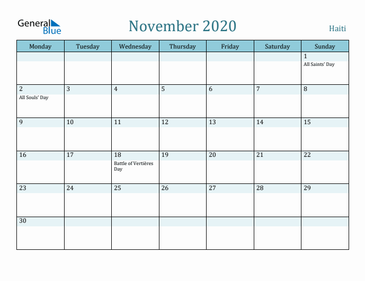 November 2020 Calendar with Holidays