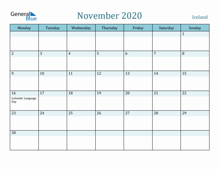 November 2020 Calendar with Holidays