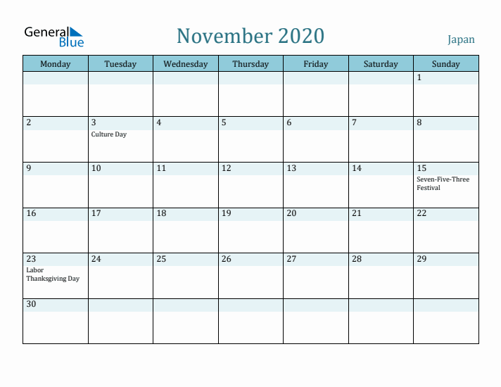 November 2020 Calendar with Holidays