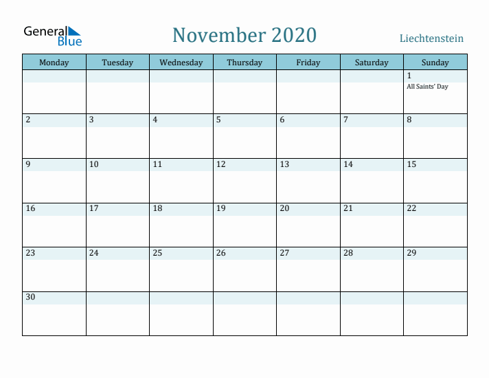 November 2020 Calendar with Holidays