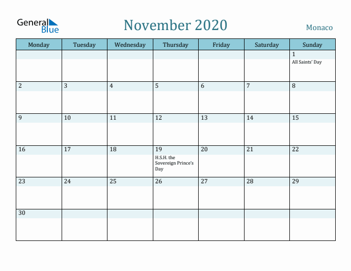 November 2020 Calendar with Holidays