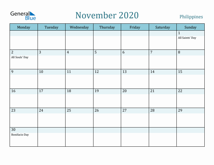 November 2020 Calendar with Holidays