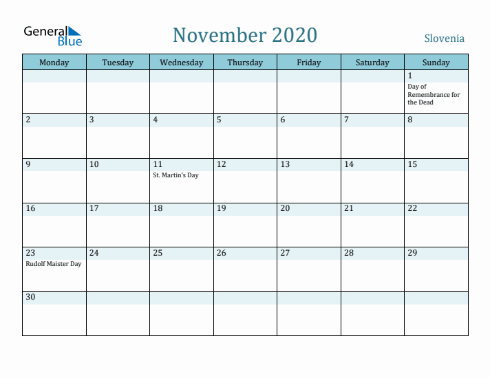 November 2020 Calendar with Holidays