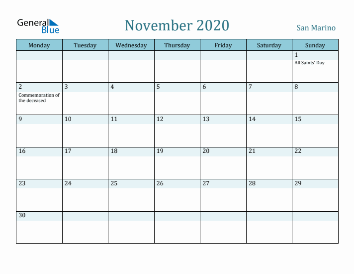 November 2020 Calendar with Holidays