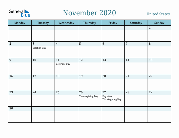 November 2020 Calendar with Holidays