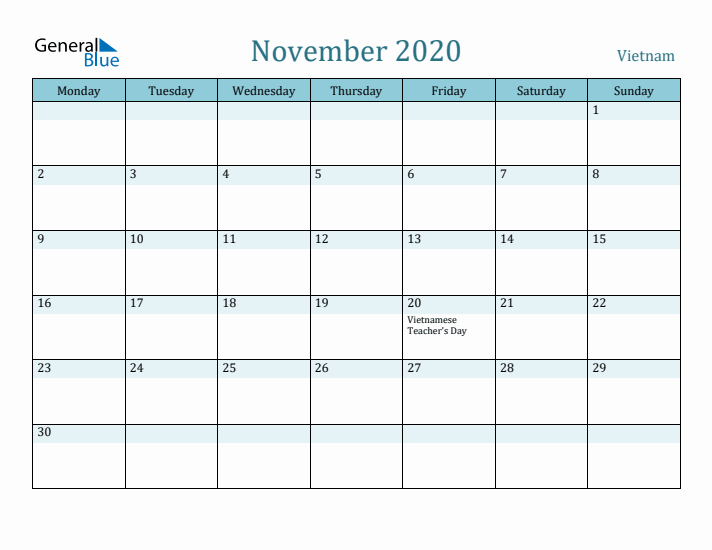 November 2020 Calendar with Holidays