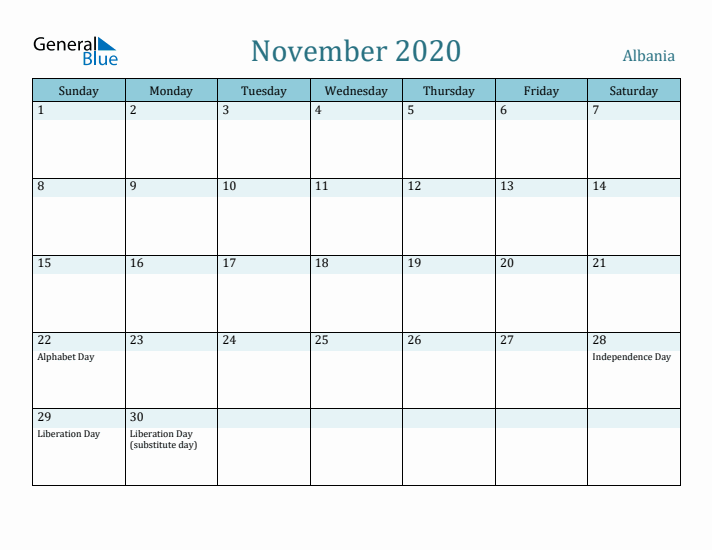 November 2020 Calendar with Holidays