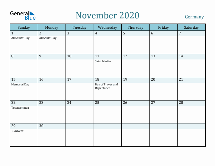 November 2020 Calendar with Holidays