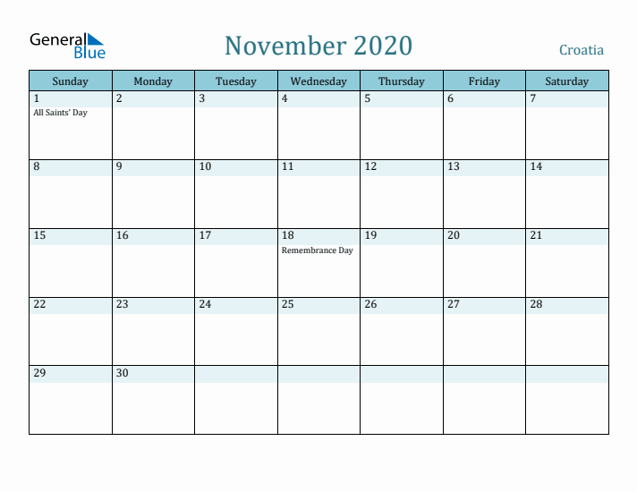 November 2020 Calendar with Holidays