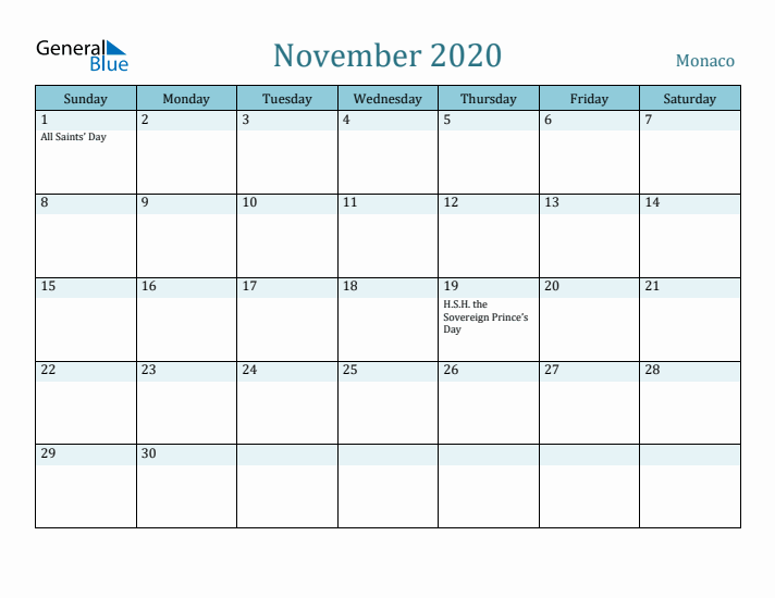 November 2020 Calendar with Holidays