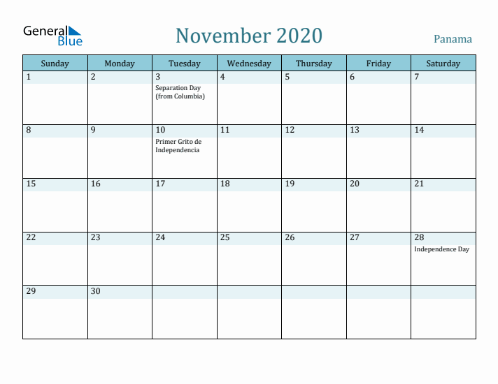 November 2020 Calendar with Holidays