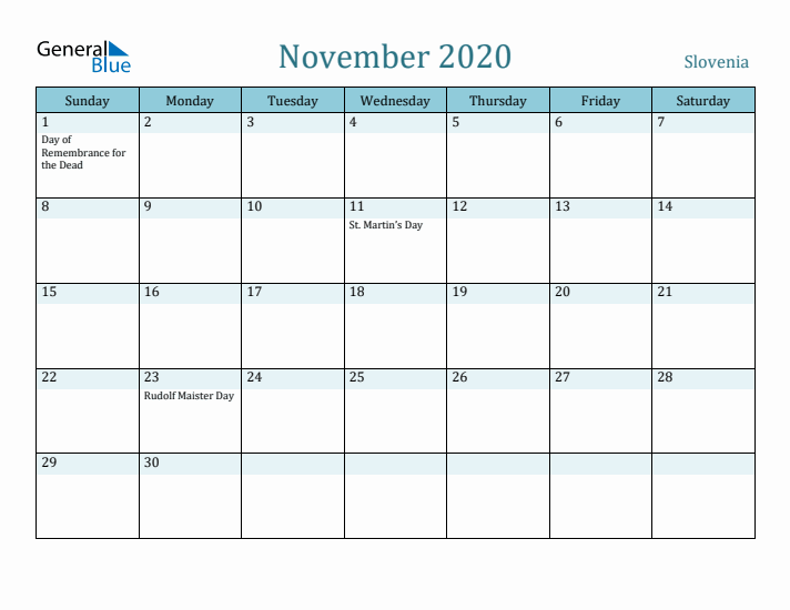 November 2020 Calendar with Holidays