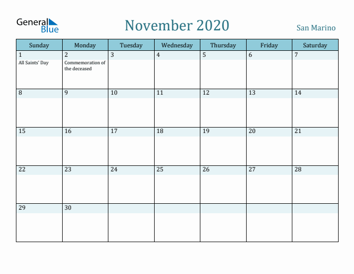 November 2020 Calendar with Holidays