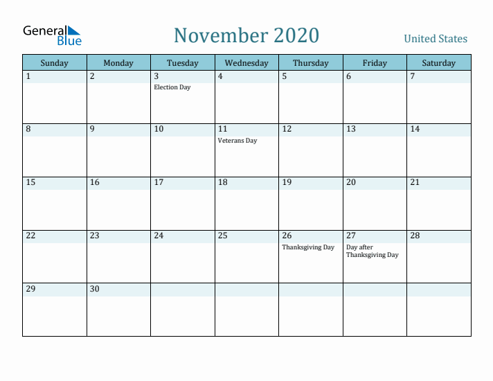 November 2020 Calendar with Holidays