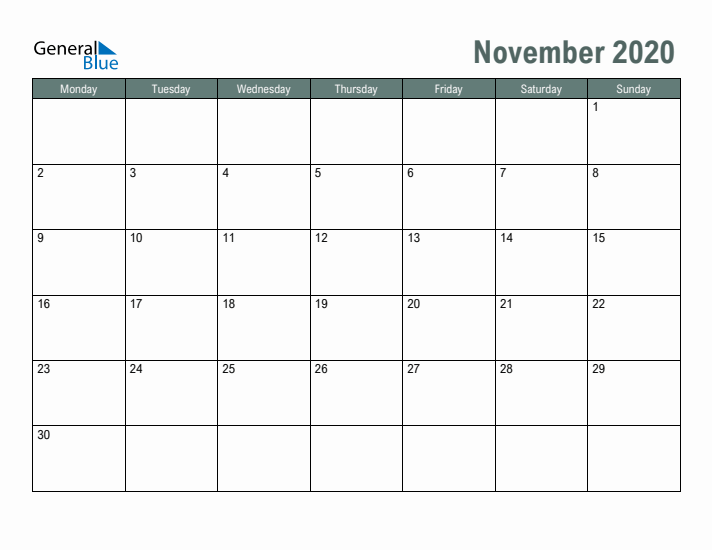 Free Printable November 2020 Calendar