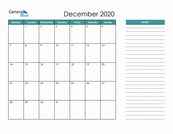 December 2020 Calendar with Notes