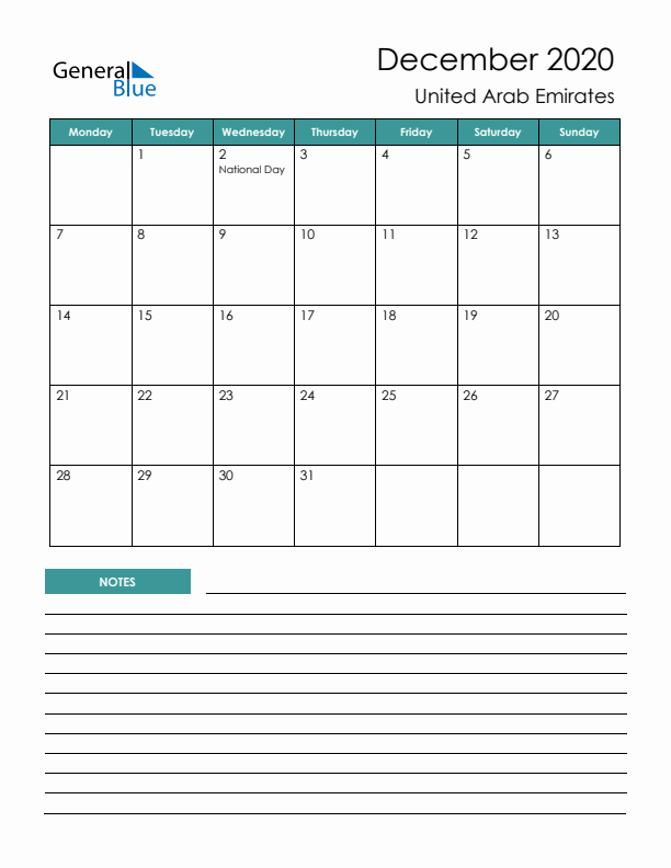 Calendar with Notes Printable - Monday Start