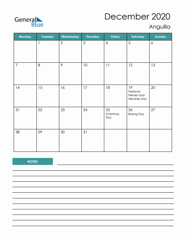 Calendar with Notes Printable - Monday Start