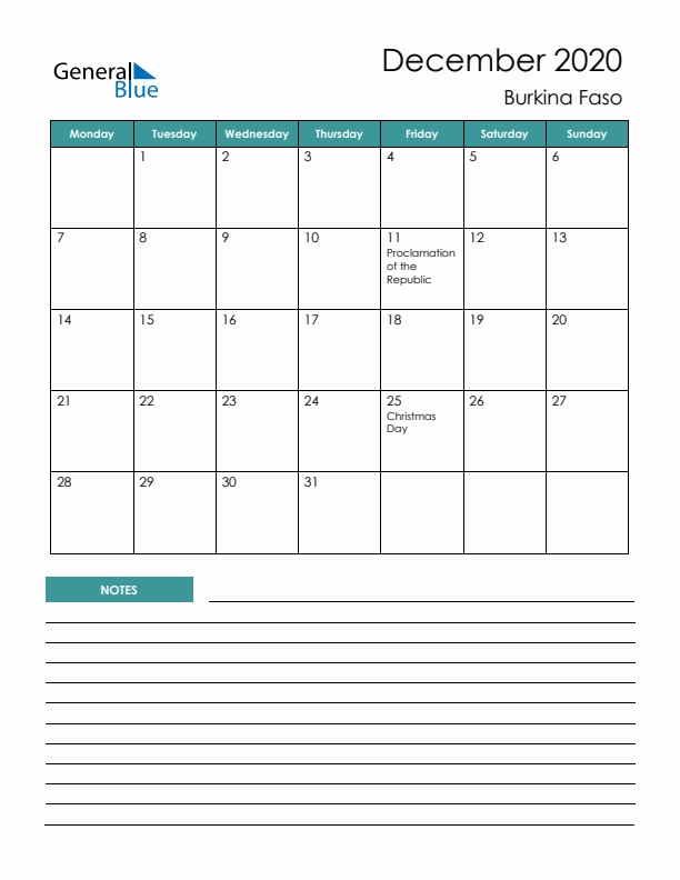 Calendar with Notes Printable - Monday Start