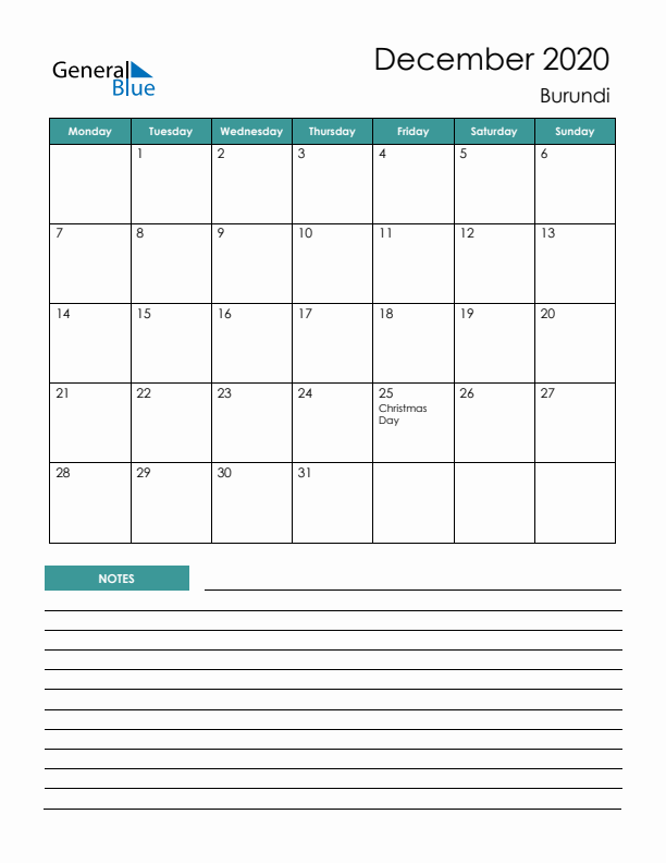 Calendar with Notes Printable - Monday Start