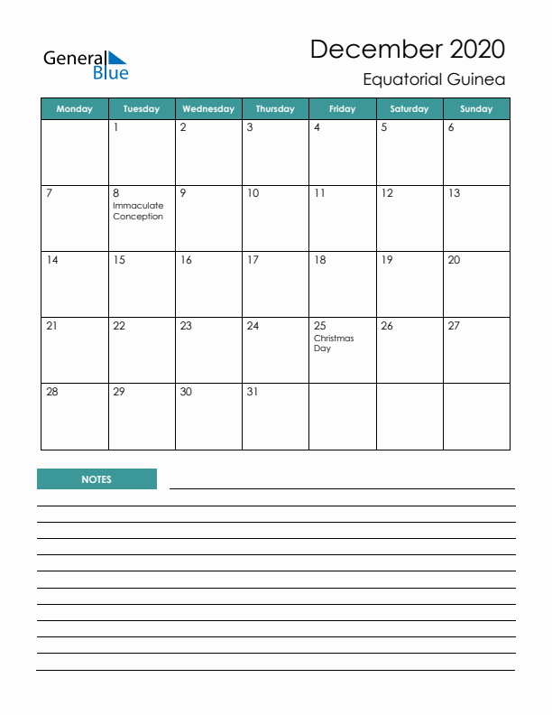 Calendar with Notes Printable - Monday Start